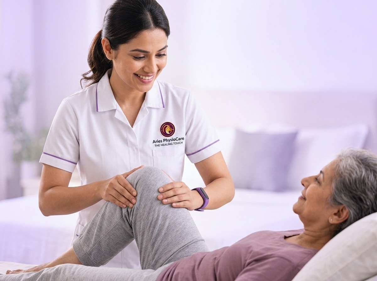 Aries PhysioCare Certified Physiotherapist gently assisting patient with home knee rehabilitation